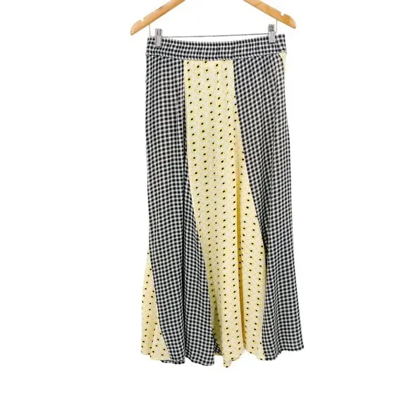 GANNI Daisy Printed Floral Crepe Paneled Maxi Skirt Gingham Yellow Flowy EU 40 - Picture 5 of 15